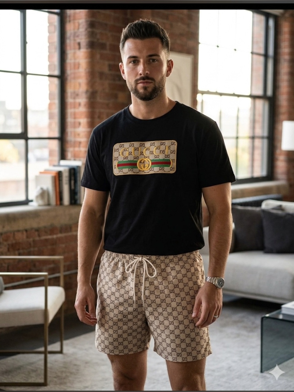 , Black Tee with Beige GG Monogram Shorts